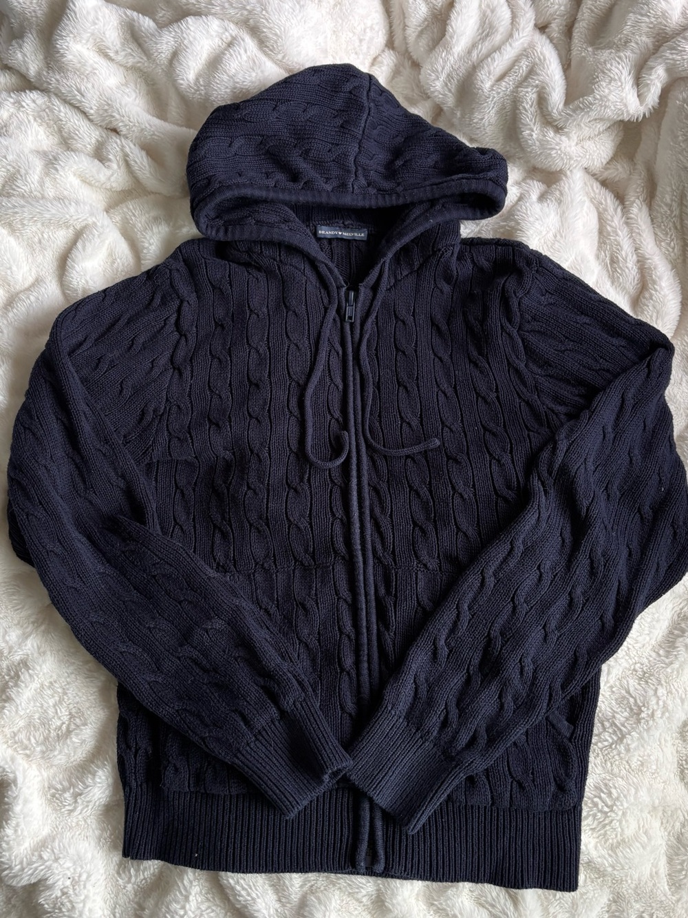 Women's Cable-Knit Hooded Zip Sweater - Navy